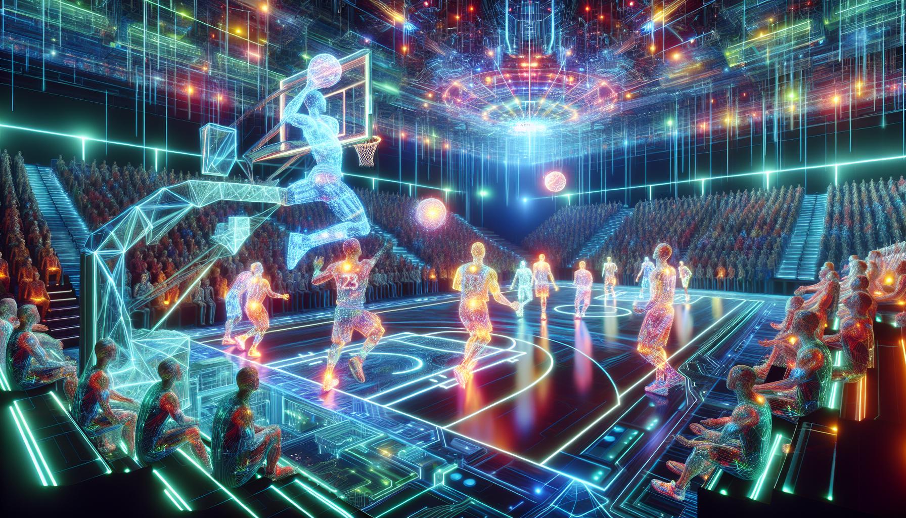 未来のホログラムバスケットボールの試合風景