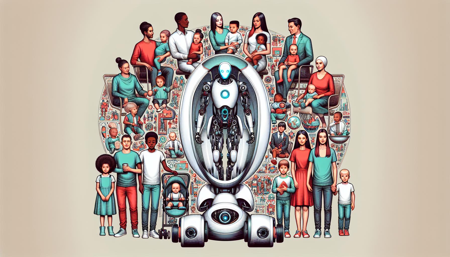 未来の家族とロボットベビーシッターが共存する情景
