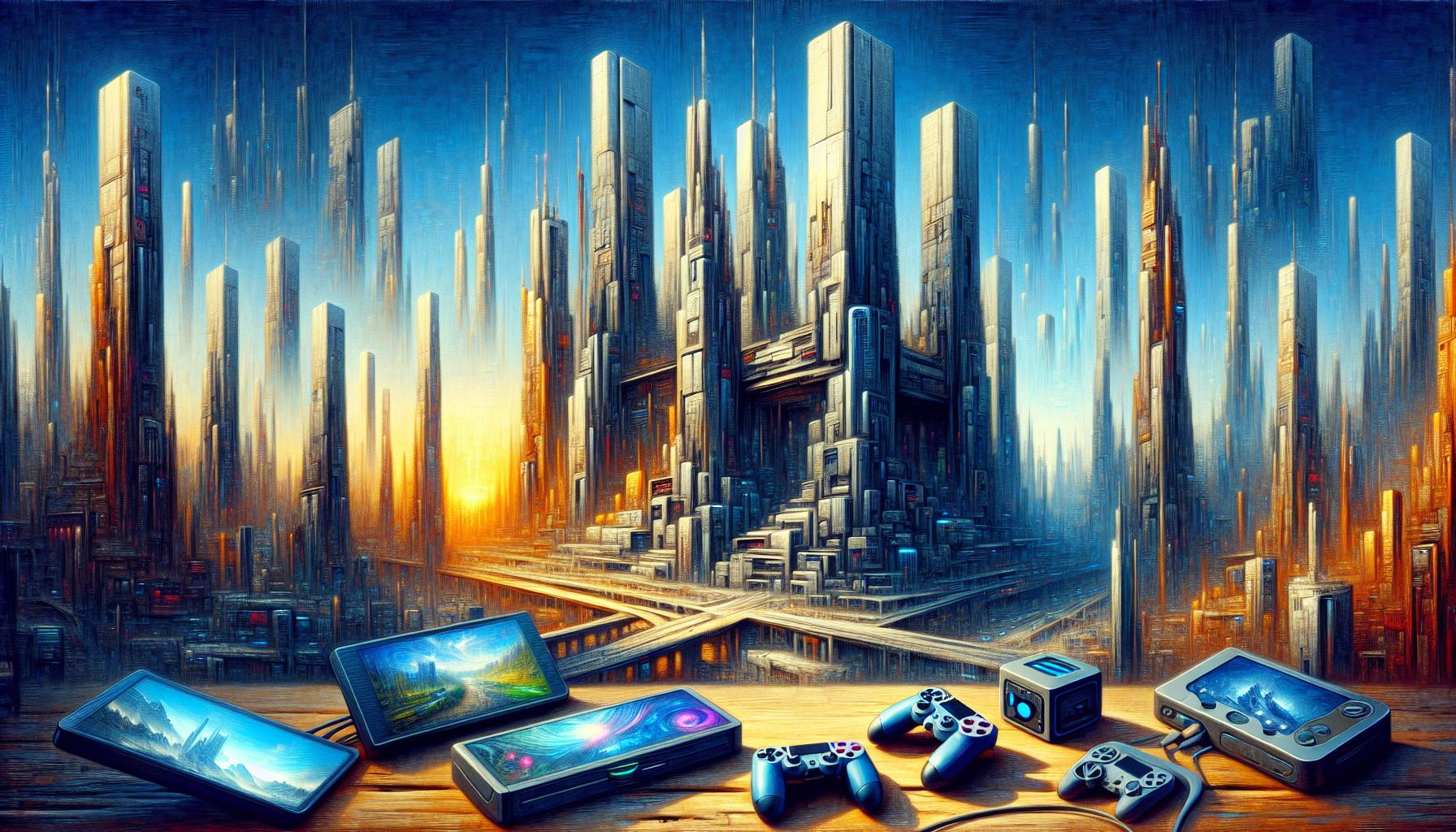 未来都市の高層ビルと最新のゲームデバイスが描かれたシーン