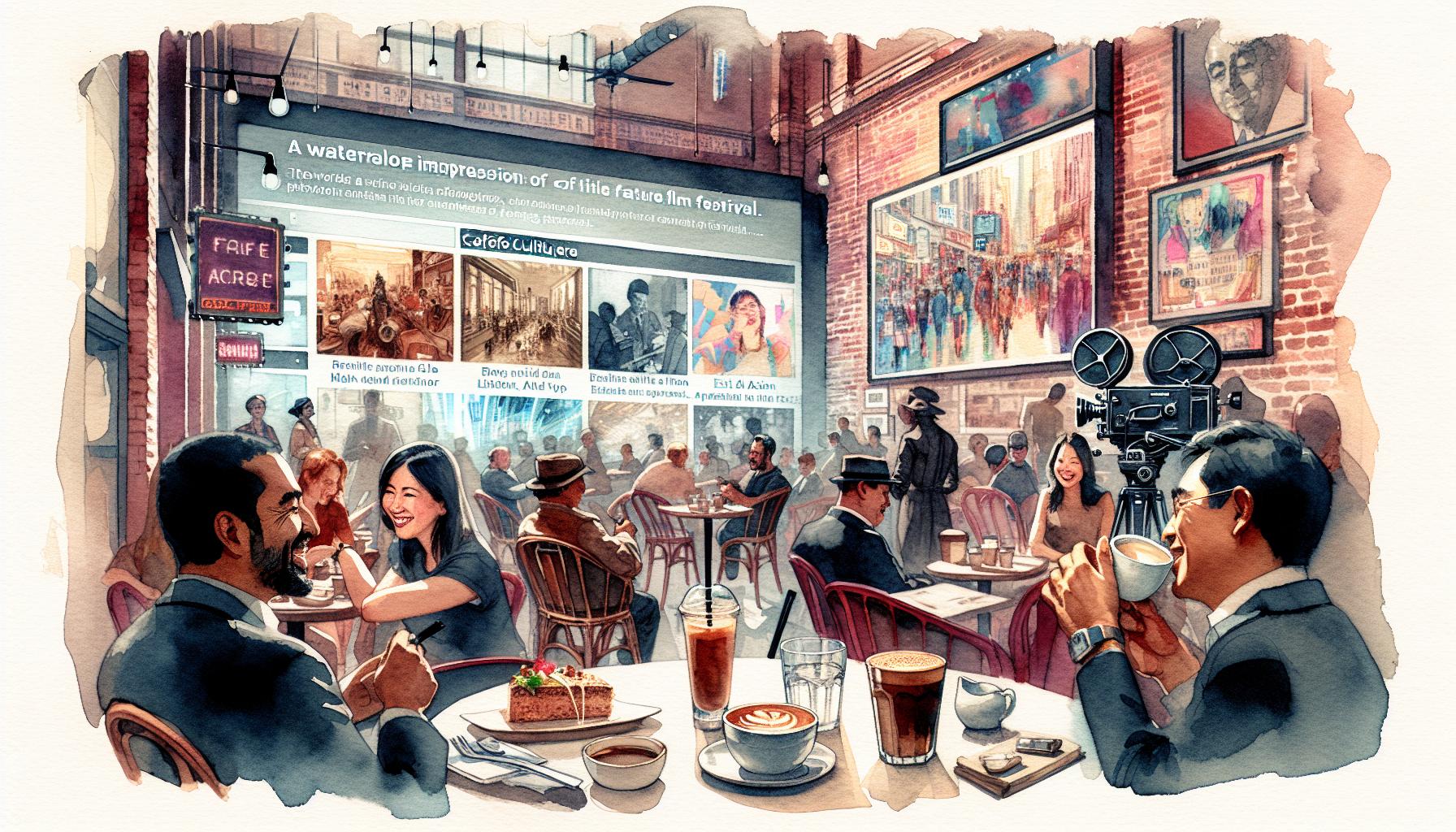 未来の映画祭とカフェカルチャーが交わる風景を描いた画像