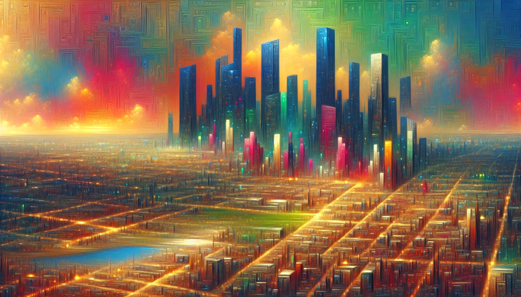 未来都市の発展を描くサイエンスフィクション風の鮮やかな都市風景