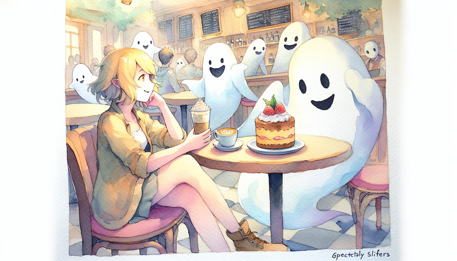 幽霊たちがくつろぐカフェでレオナが味わう特製ゴーストケーキ
